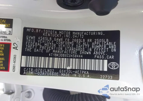 2012 Toyota Avalon Limited из США, поврежденный, VIN 4T1BK3DBXCU458444